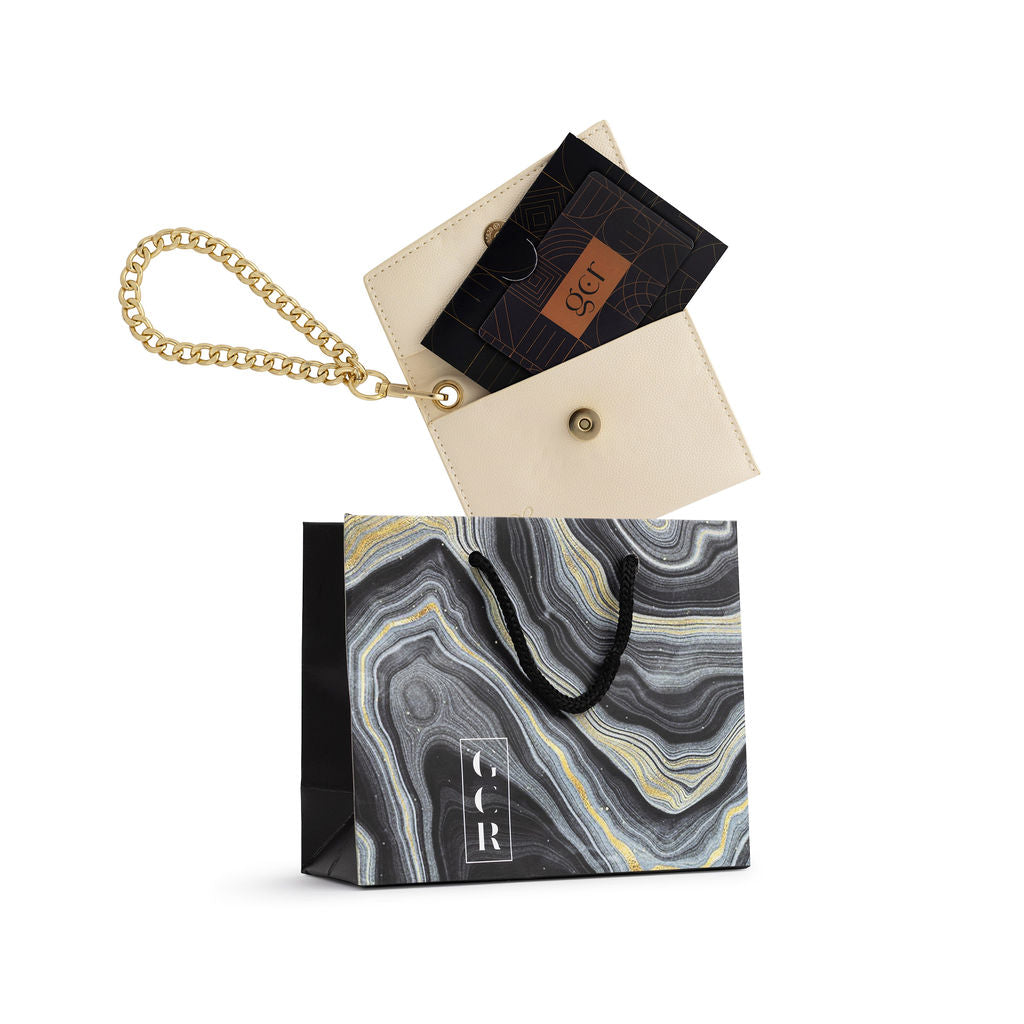 Gift Card Registry card in a cream mini purse with gold chain