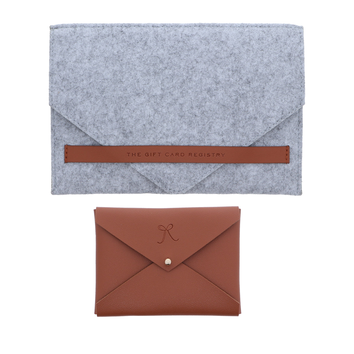 Gift Card Registry card in a leather envelope with gold closure